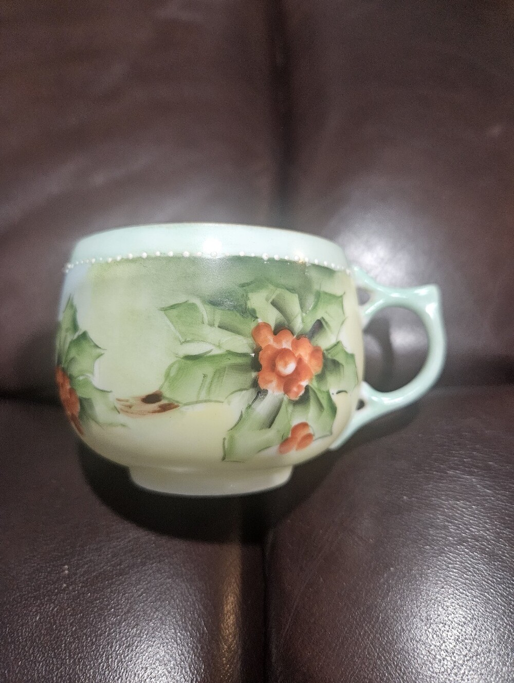 Rosenthal Bavaria Hand-Painted Holly Motif Porcelain TeaCup in Green and Orange